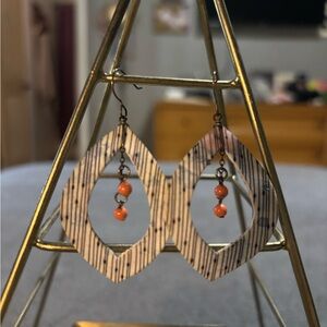 Handcrafted Wood Teardrop Earrings with Orange Beads